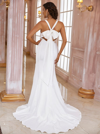 Sheath/Column Stretch Crepe Bowknot V-neck Sleeveless Sweep/Brush Train Wedding Dresses