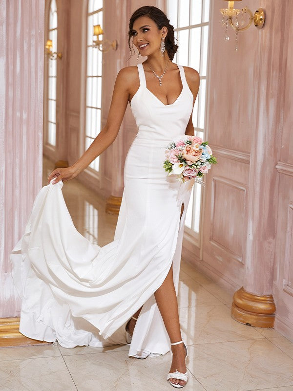 Sheath/Column Stretch Crepe Bowknot V-neck Sleeveless Sweep/Brush Train Wedding Dresses