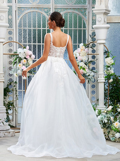 A-Line/Princess Organza Lace Straps Sleeveless Sweep/Brush Train Wedding Dresses