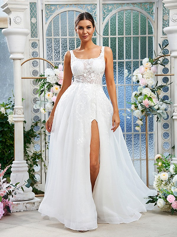 A-Line/Princess Organza Lace Straps Sleeveless Sweep/Brush Train Wedding Dresses