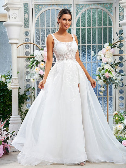 A-Line/Princess Organza Lace Straps Sleeveless Sweep/Brush Train Wedding Dresses