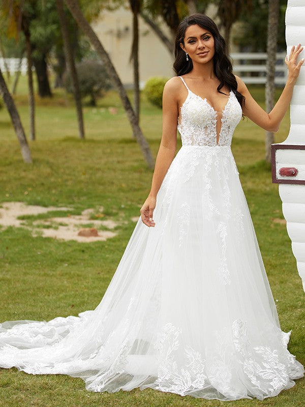 A-Line/Princess Tulle Applique V-neck Sleeveless Court Train Wedding Dresses