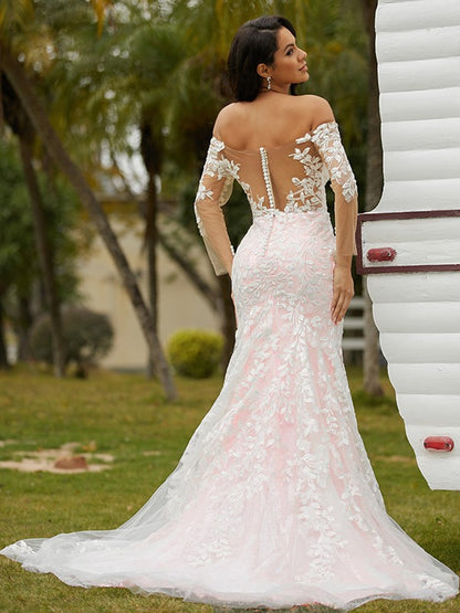 Sheath/Column Lace Off-the-Shoulder Long Sleeves Court Train Wedding Dresses