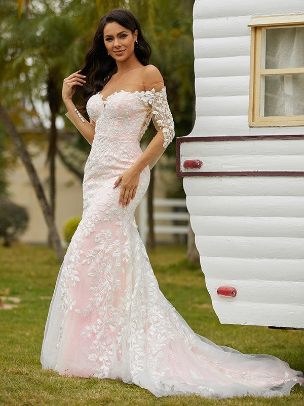 Sheath/Column Lace Off-the-Shoulder Long Sleeves Court Train Wedding Dresses