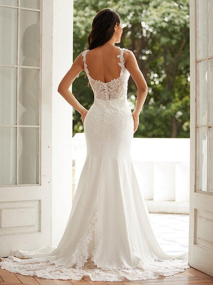 Sheath/Column Stretch Crepe Lace Straps Sleeveless Court Train Wedding Dresses