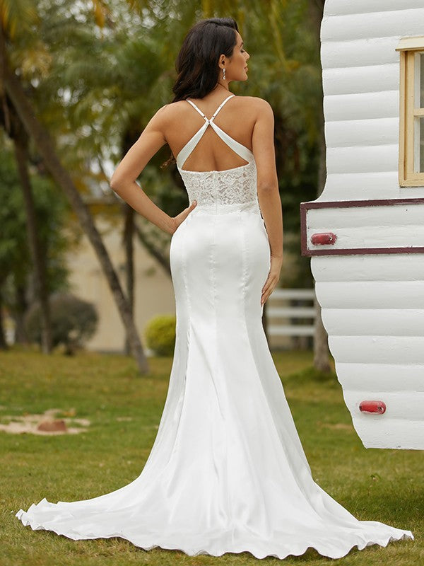 Sheath/Column  Woven Satin Ruched Spaghetti Straps Sleeveless Court Train Wedding Dresses