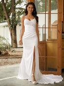 Sheath/Column Stretch Crepe Lace V-neck Sleeveless Sweep/Brush Train Wedding Dresses