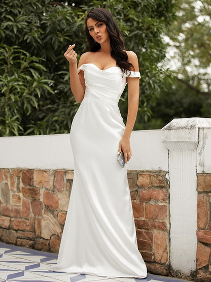 Sheath/Column  Woven Satin Ruched Off-the-Shoulder Sleeveless Sweep/Brush Train Wedding Dresses