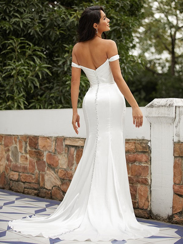 Sheath/Column  Woven Satin Ruched Off-the-Shoulder Sleeveless Sweep/Brush Train Wedding Dresses