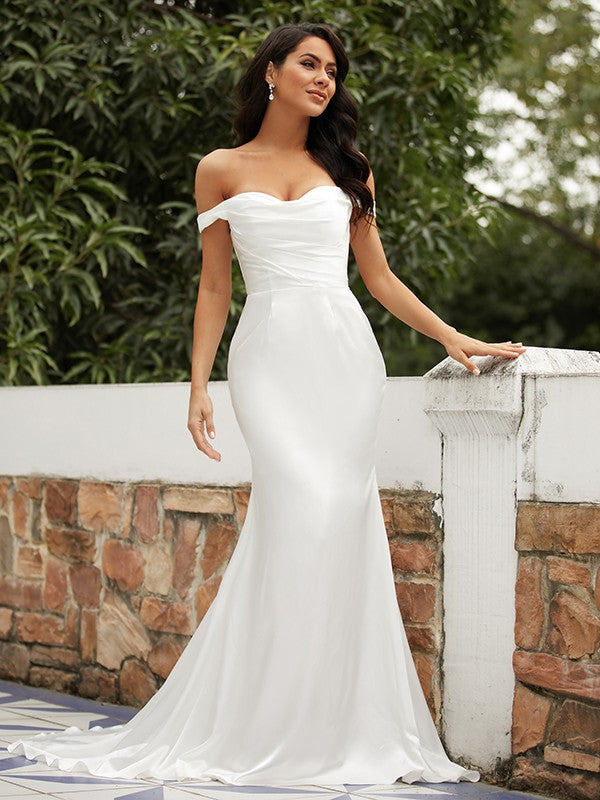 Sheath/Column  Woven Satin Ruched Off-the-Shoulder Sleeveless Sweep/Brush Train Wedding Dresses