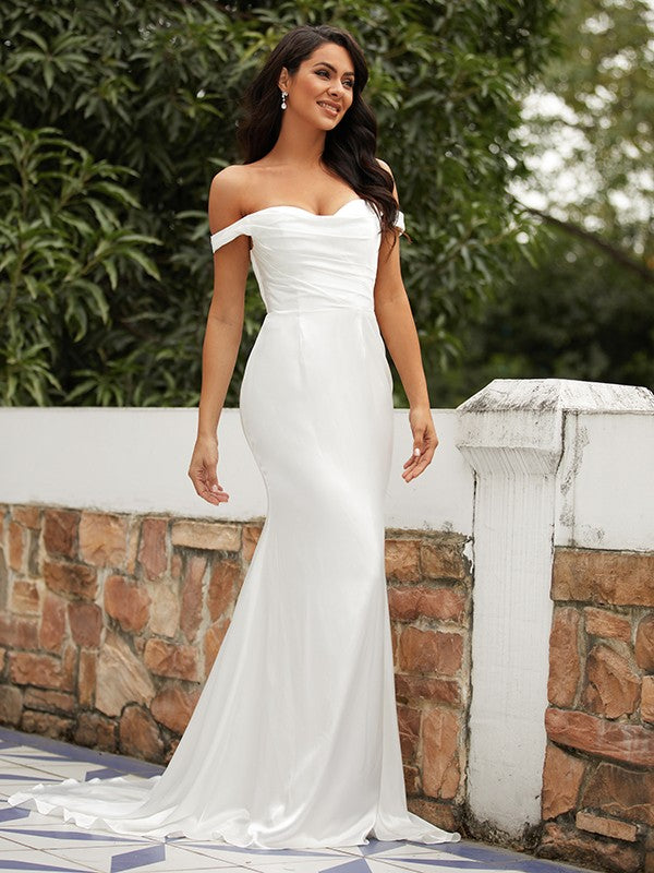 Sheath/Column  Woven Satin Ruched Off-the-Shoulder Sleeveless Sweep/Brush Train Wedding Dresses