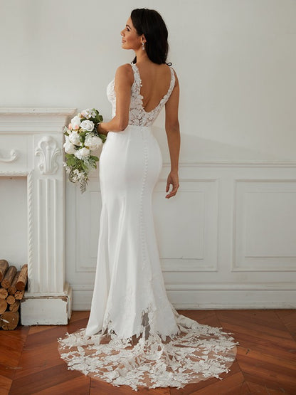 Sheath/Column Stretch Crepe Lace V-neck Sleeveless Sweep/Brush Train Wedding Dresses