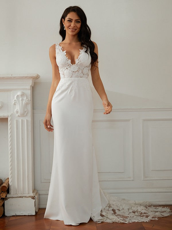 Sheath/Column Stretch Crepe Lace V-neck Sleeveless Sweep/Brush Train Wedding Dresses