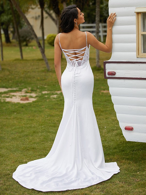 Sheath/Column Charmeuse Lace V-neck Sleeveless Court Train Wedding Dresses