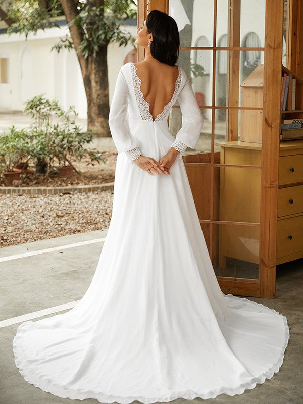 A-Line/Princess Chiffon Lace Scoop Long Sleeves Court Train Wedding Dresses