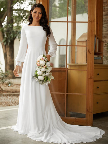 A-Line/Princess Chiffon Lace Scoop Long Sleeves Court Train Wedding Dresses