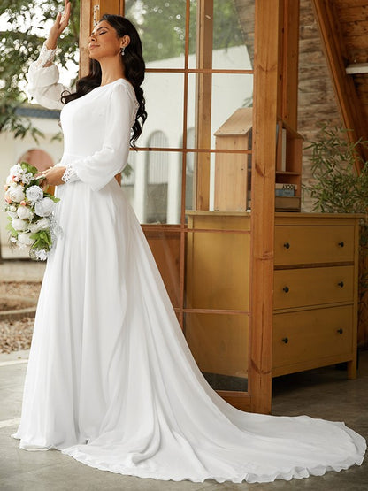 A-Line/Princess Chiffon Lace Scoop Long Sleeves Court Train Wedding Dresses