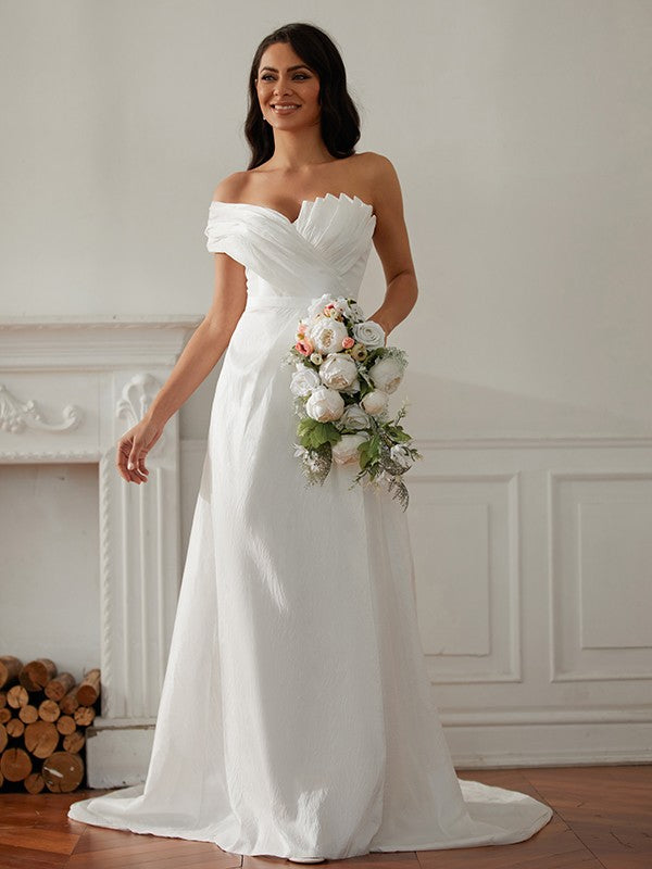 A-Line/Princess Ruched One-Shoulder Sleeveless Sweep/Brush Train Wedding Dresses