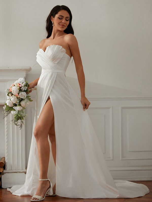 A-Line/Princess Ruched One-Shoulder Sleeveless Sweep/Brush Train Wedding Dresses