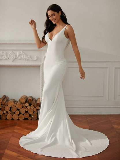 Sheath/Column Stretch Crepe V-neck Sleeveless Court Train Wedding Dresses