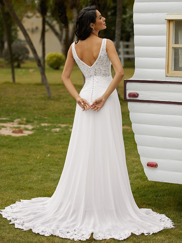 A-Line/Princess Chiffon Lace V-neck Sleeveless Sweep/Brush Train Wedding Dresses