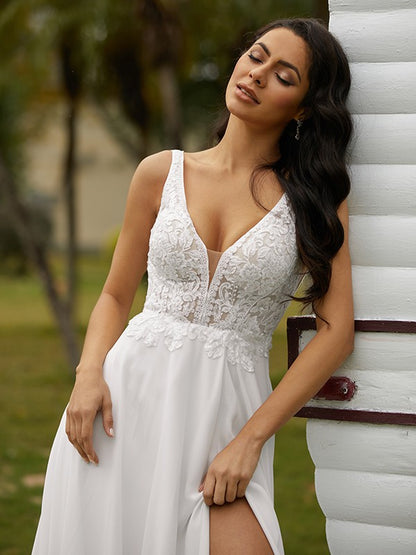 A-Line/Princess Chiffon Lace V-neck Sleeveless Sweep/Brush Train Wedding Dresses