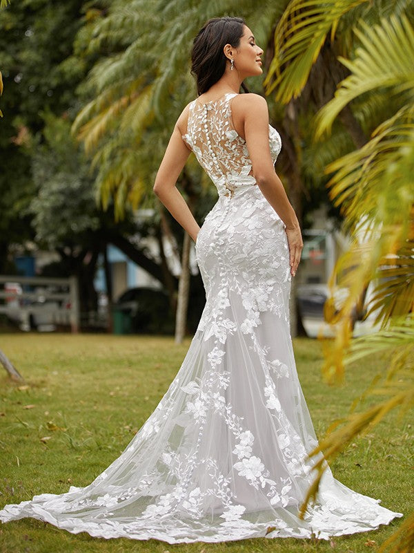 Sheath/Column Lace Scoop Sleeveless Sweep/Brush Train Wedding Dresses