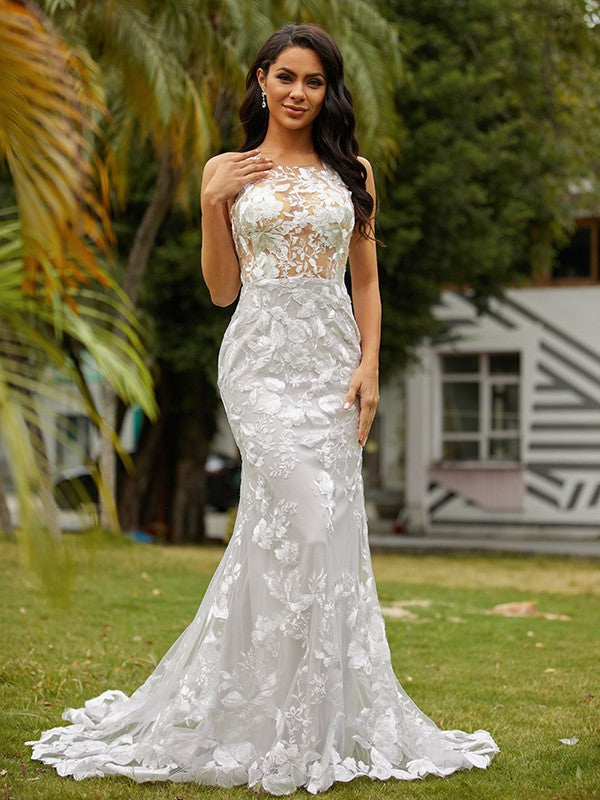 Sheath/Column Lace Scoop Sleeveless Sweep/Brush Train Wedding Dresses