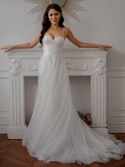 A-Line/Princess Ruffles Spaghetti Straps Sleeveless Court Train Wedding Dresses