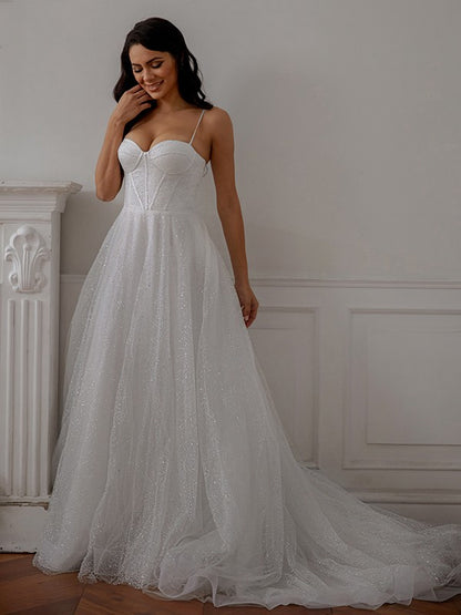 A-Line/Princess Ruffles Spaghetti Straps Sleeveless Court Train Wedding Dresses