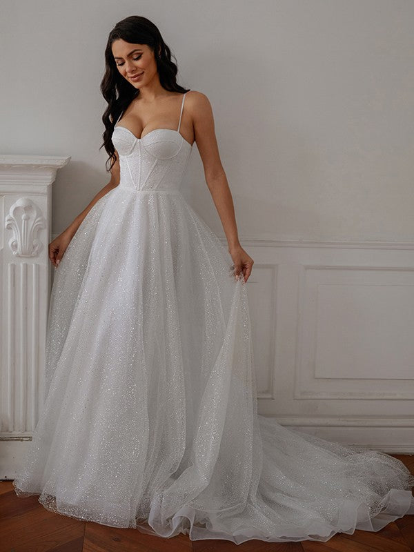 A-Line/Princess Ruffles Spaghetti Straps Sleeveless Court Train Wedding Dresses