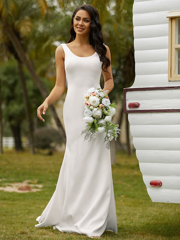 Sheath/Column Stretch Crepe Bowknot Straps Sleeveless Sweep/Brush Train Wedding Dresses