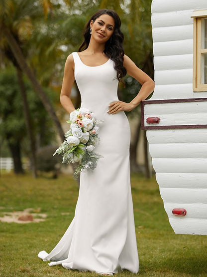 Sheath/Column Stretch Crepe Bowknot Straps Sleeveless Sweep/Brush Train Wedding Dresses