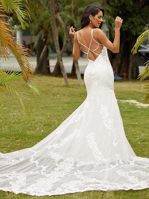 Sheath/Column Stretch Crepe Lace Scoop Sleeveless Cathedral Train Wedding Dresses