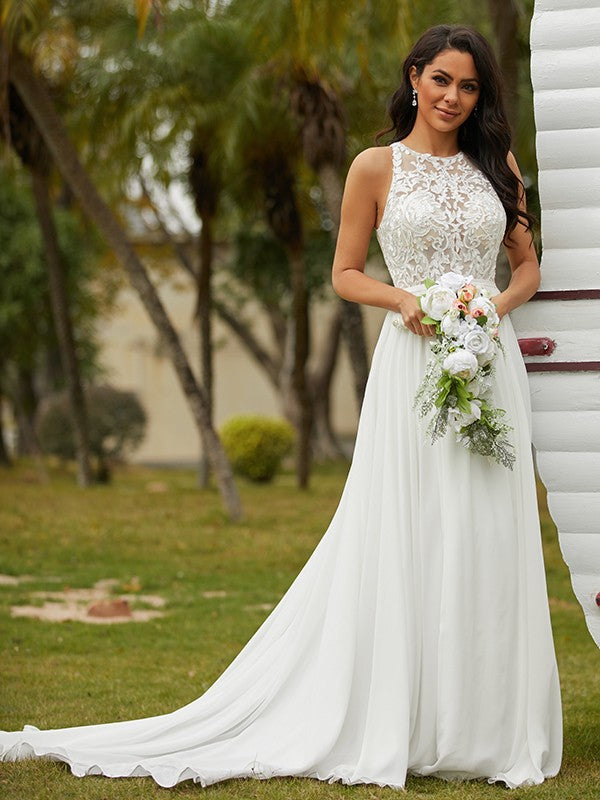 A-Line/Princess Chiffon Lace Scoop Sleeveless Sweep/Brush Train Wedding Dresses