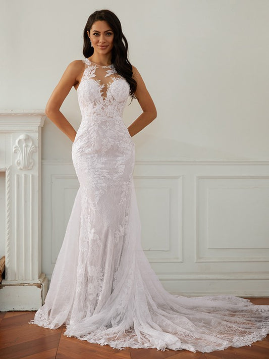 Sheath/Column Lace Scoop Sleeveless Court Train Wedding Dresses