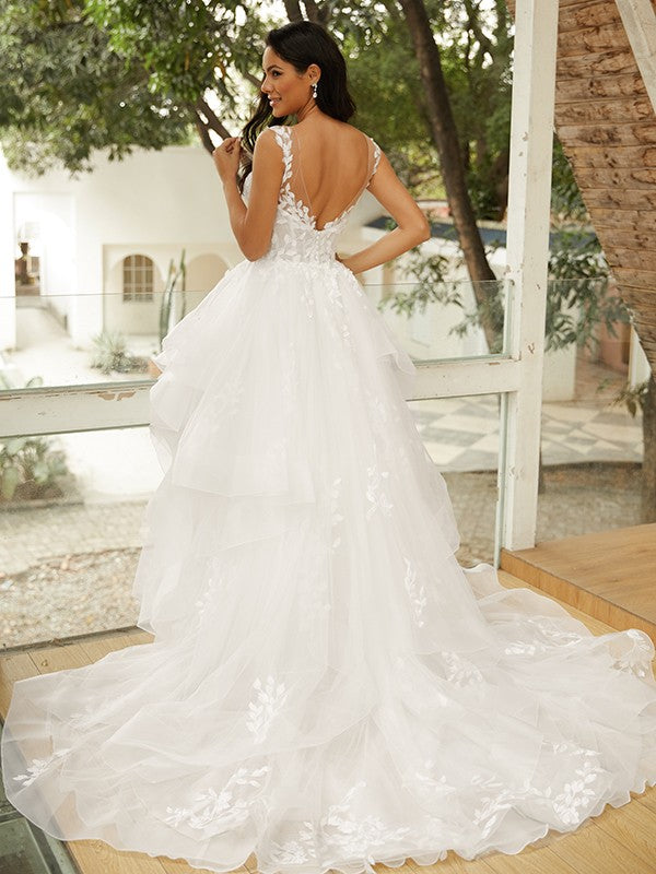 Ball Gown Tulle Applique V-neck Sleeveless Court Train Wedding Dresses