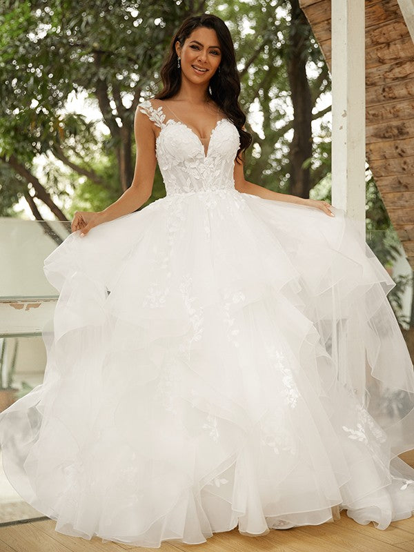 Ball Gown Tulle Applique V-neck Sleeveless Court Train Wedding Dresses