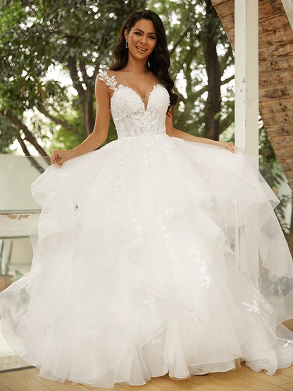 Ball Gown Tulle Applique V-neck Sleeveless Court Train Wedding Dresses