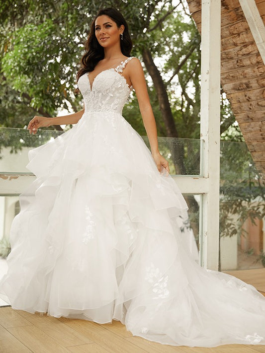 Ball Gown Tulle Applique V-neck Sleeveless Court Train Wedding Dresses