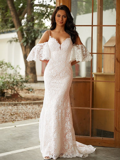 Sheath/Column Lace V-neck Short Sleeves Sweep/Brush Train Wedding Dresses