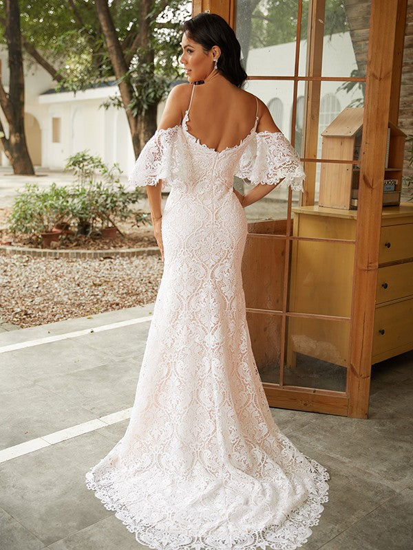 Sheath/Column Lace V-neck Short Sleeves Sweep/Brush Train Wedding Dresses