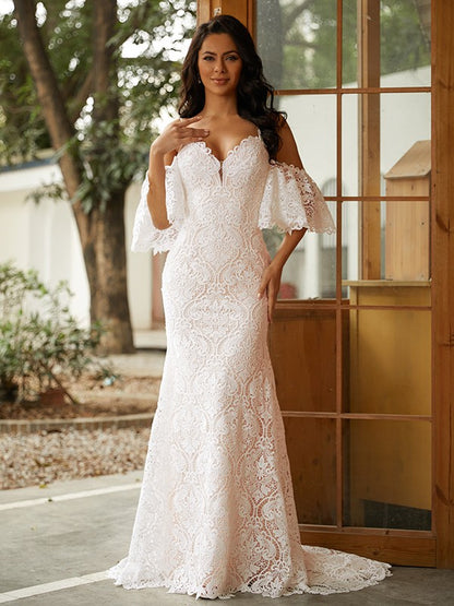 Sheath/Column Lace V-neck Short Sleeves Sweep/Brush Train Wedding Dresses