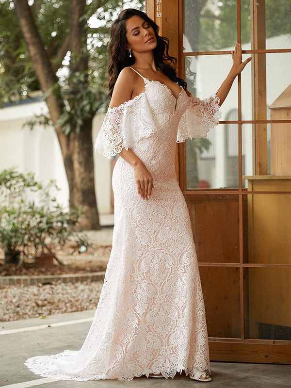 Sheath/Column Lace V-neck Short Sleeves Sweep/Brush Train Wedding Dresses