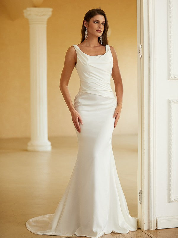 Sheath/Column Charmeuse Ruched Straps Sleeveless Sweep/Brush Train Wedding Dresses