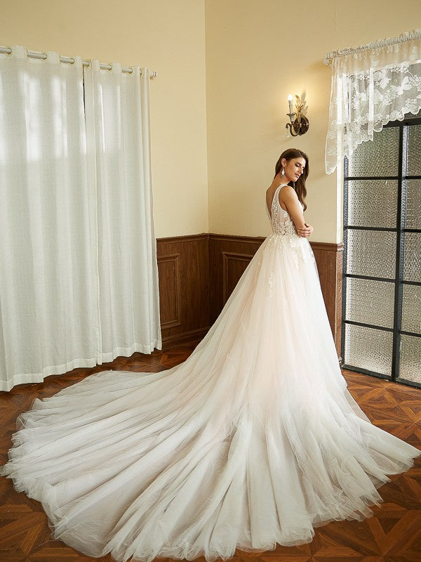 A-Line/Princess Tulle Applique V-neck Sleeveless Cathedral Train Wedding Dresses