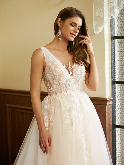 A-Line/Princess Tulle Applique V-neck Sleeveless Cathedral Train Wedding Dresses