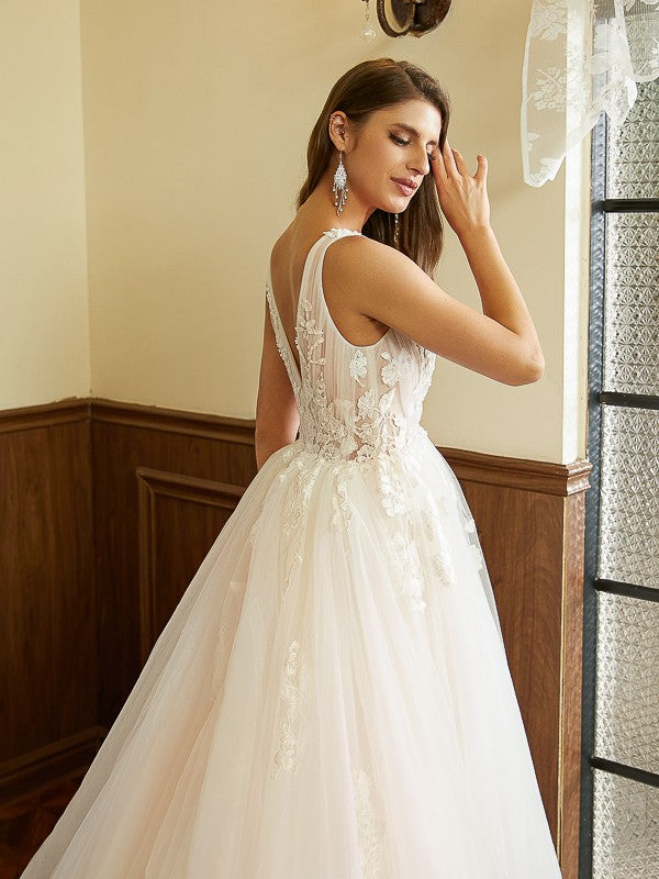 A-Line/Princess Tulle Applique V-neck Sleeveless Cathedral Train Wedding Dresses