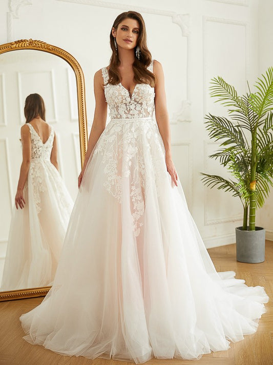 A-Line/Princess Tulle Applique V-neck Sleeveless Chapel Train Wedding Dresses