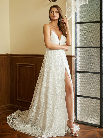 A-Line/Princess Lace V-neck Sleeveless Chapel Train Wedding Dresses